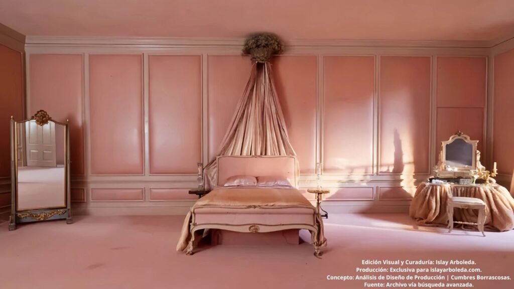 "Fotografía de diseño de producción para Cumbres Borrascosas (2026): Un dormitorio de época en tonos rosados monocromáticos, con una cama con dosel de seda, un tocador clásico y una iluminación suave que crea una atmósfera de ensueño melancólico."
