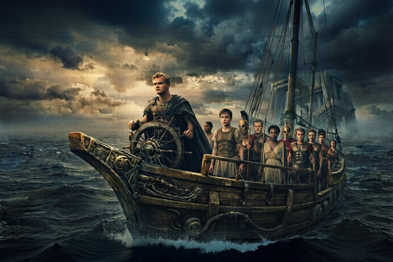 Cinematic photorealistic illustration featuring Christopher Nolan at the helm of an ancient Greek ship, guiding a cast of actors dressed as Odyssey warriors through a stormy sea towards surreal architectural structures.